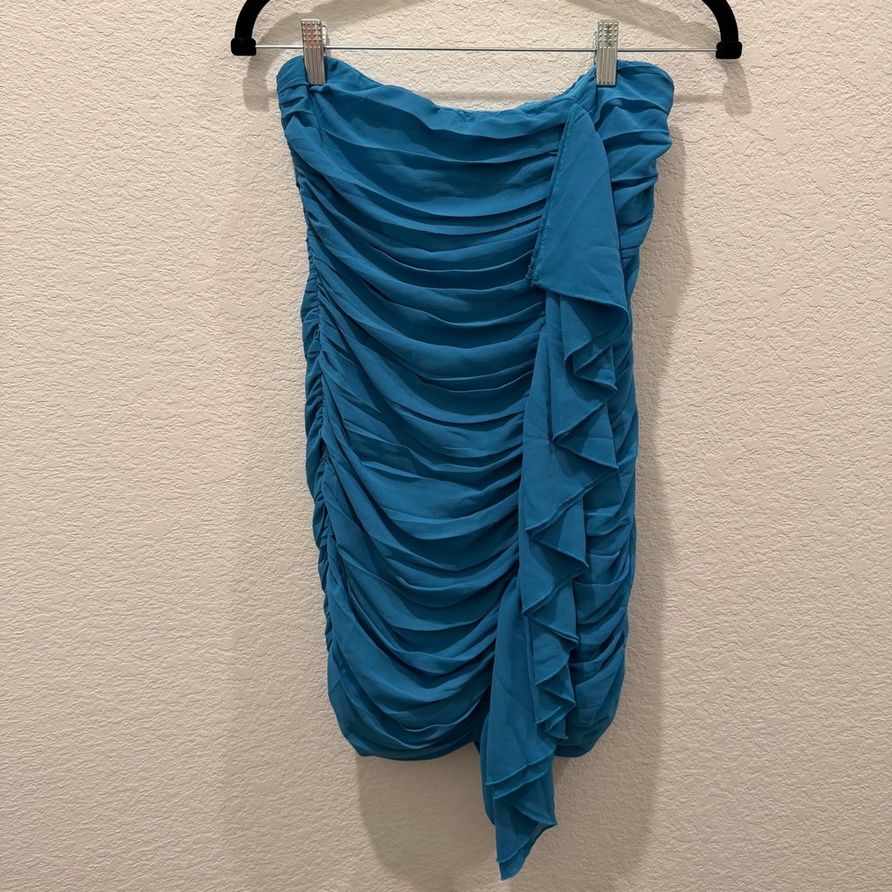 MESHKI Suzannam Ruched Mini Dress Marine Blue Strapless Ruffle Cocktail Small